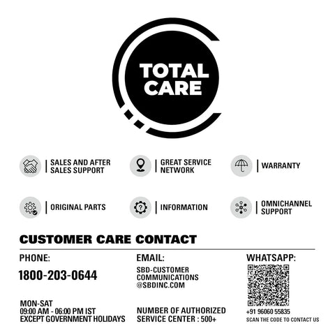 Customer care contact information with phone, email, WhatsApp details, icons for support, warranty, parts, and service network.