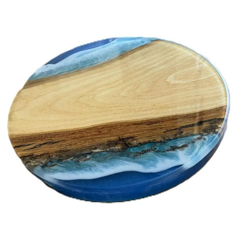 12 Inch Rotating Lazy Susan With Ocean Wave Resin On Turquoise Painted Wood Turntable Handmade Modern Dining Table Centerpiece And Serving Tray For Home Decor Ocean Vibe viewed from above