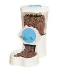 No Sweat Automatic Pet Water Dispenser And Food Feeder With Leakproof Bowl Quick Screw Mounting Kit For Crate Kennel Wall Hanging Rack Sturdy Self Filling Reservoir For Cats Dogs with brown food pellets.