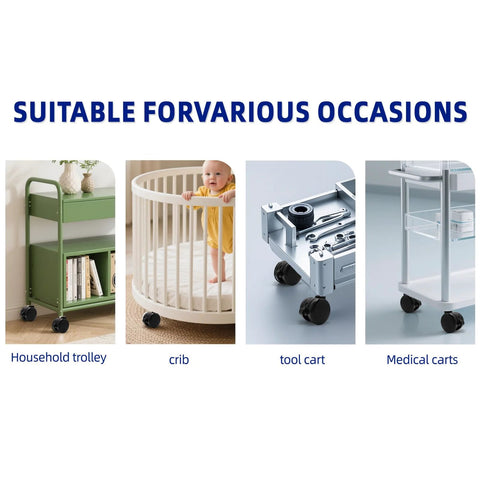 Household trolley, crib, tool cart, and medical cart with caster wheels, showcasing Brake Twin Caster Wheels For Chairs, Universal 2 Inch Replacement Castors.