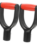 Two red and black D shaped shovel handle replacement with easy install for snow shovels and rakes palm friendly ergonomic grip.