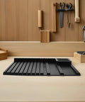 DIY Model Frame Organizer Tray With Multi Tier Adjustable Compartments For Workshop Use Handy Plastic Hobby Tool Sorting Rack To Boost Productivity And Safely Hold Parts, black tray on workbench
