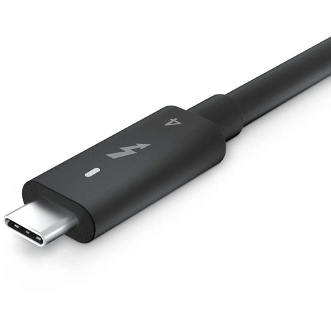 Close-up of Modular Thunderbolt Dock Delivering Solid Ninety Watt Punch Alongside Flexible HDMI DisplayPort Ethernet Cables.
