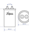 Technical diagram of 30uF CBB65 AC Capacitor for HVAC air conditioners, pool pumps, condenser fans, motor start, 370V 440V 450V 50 60Hz