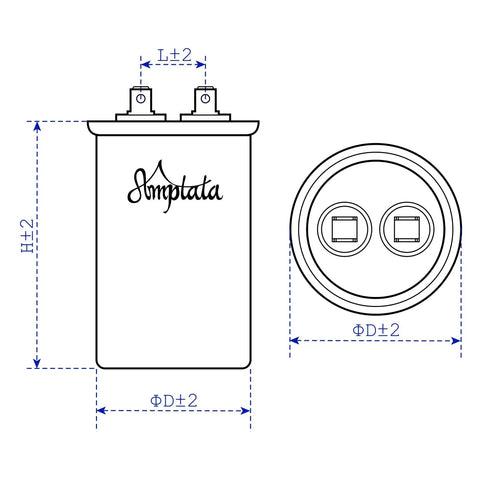 Technical diagram of 30uF CBB65 AC Capacitor for HVAC air conditioners, pool pumps, condenser fans, motor start, 370V 440V 450V 50 60Hz