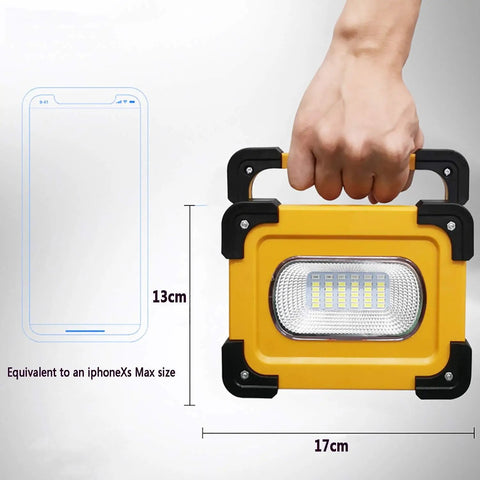 Heavy Duty 60W LED Work Light 15000 Lumens Rechargeable Waterproof Floodlamp held with dimensions for size comparison.