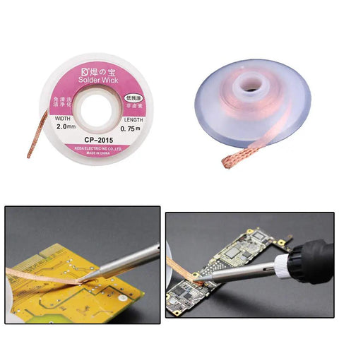Pro DIY Soldering Iron Kit Four In One With Brass Tip Cleaner That Works Without Water Point Six Millimeter Solder Wire Fifty Gram Rosin Flux Paste Ten Gram No Clean Core Solder Handy Welding Tool Set For Home Projects shown in use on circuit boards