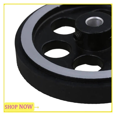 Close-up view of EFYOK Especial 6Set 200X6mm Industrial Aluminum Rubber Measuring Rotary Encoder Meter Wheel with holes.