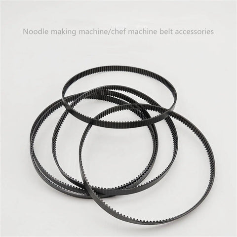 Heavy Duty Replacement Drive Belt For Stand Mixers With 125 Teeth And 375mm Length Made From Tough Rubber Transmission Gear To Boost Power Transfer And Stop Slippage The Perfect Kitchen Appliance Accessory Part For Reliable Dough Mixing Action Daily, showing four black rubber belts for noodle making machines.