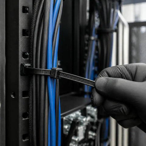 Heavy Duty Self Locking Nylon Cable Ties In Black securing blue and black cables on a rack, ideal for cable management and wiring.