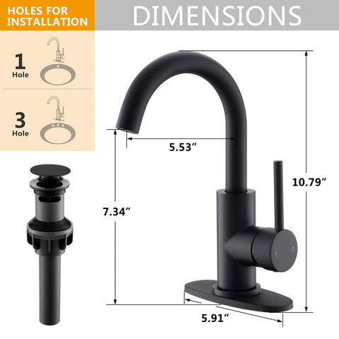 Matte Black Single Handle Sink Faucet With 360 Degree Swivel Spout Deck Plate 4 Inch Centerset Lavatory Faucet Pop Up Drain dimensions