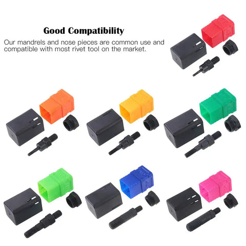7-Piece Assorted Rivet Nut Gun Mandrels And Nose Pieces Set For Metric M3 M4 M5 M6 M8 M10 M12 Riveters, color-coded pieces