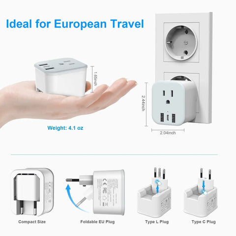 All In One Universal Travel Adapter With USB C And USB A Ports, Worldwide Compatibility, compact design shown with EU plug type