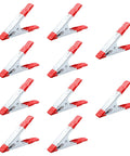 Rock Solid Four Inch Metal Spring Clamps With Grippy Rubber Tips, 10 pack of red and silver heavy duty clamps for woodworking and rigging.