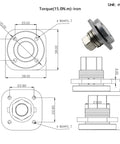 360° rotating disc damping hinge with adjustable torque 15.0 N·m, iron; square base with four mounting holes (front view).