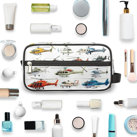 Foldable Travel Toiletry Bag For Women And Men, Water Resistant Dopp Kit With Main Compartment, surrounded by cosmetics.