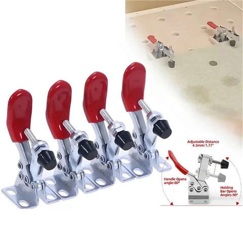 Six Pack Horizontal Toggle Clamp Set With 27Kg Quick Release, Heavy Duty Woodworking Tool close-up showing clamps and handle angles