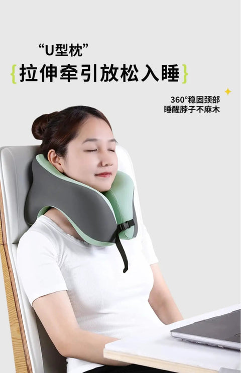 Woman using Ultra Soft Memory Foam Neck Pillow For Travel And Napping, Slow Rebound Wedge For Sleeping, 360 Degree Support Back Pillow.