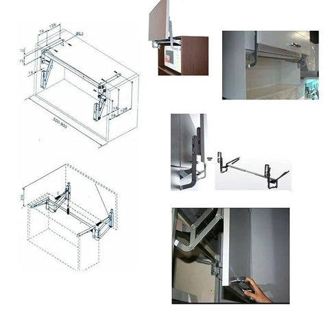 Vertical Lift Up Cabinet Hinge 250N Flap Support installation diagram and close-up details