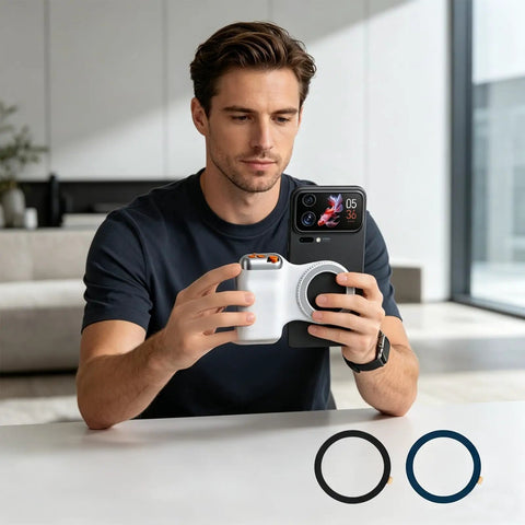 Man using Phone Camera Grip With Light And Wireless Remote, Magnetic Ring, and 360 Degree LED Selfie Light for iPhone and Android