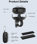 Cycling Bluetooth Speaker For Bike With IP65 Waterproof Build shown with dimensions, controls, and bike mount attachment