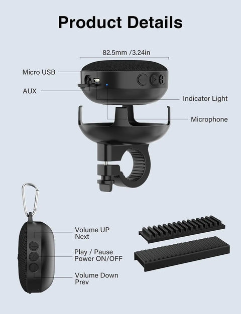 Cycling Bluetooth Speaker For Bike With IP65 Waterproof Build shown with dimensions, controls, and bike mount attachment