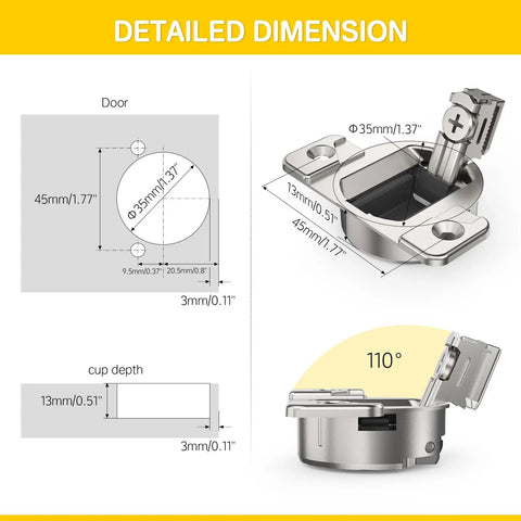 Detailed dimensions of 2 Pack Easy Swap Replacement Cups for 110 Degree Compact 33 Screw On Hinges Self Closing Direct Replacement