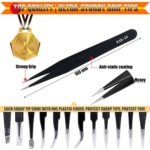 Close-up of black ESD precision tweezers from Grab And Go All In One 12 Pack Precision Tweezers Set With Case, showing grip tips and measurements.