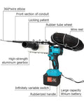 Heavy Duty Automatic Fish Tape Wire Threading Machine For Wall Wiring, showcasing 360° wire elbow, rubberized handle, and dual battery.