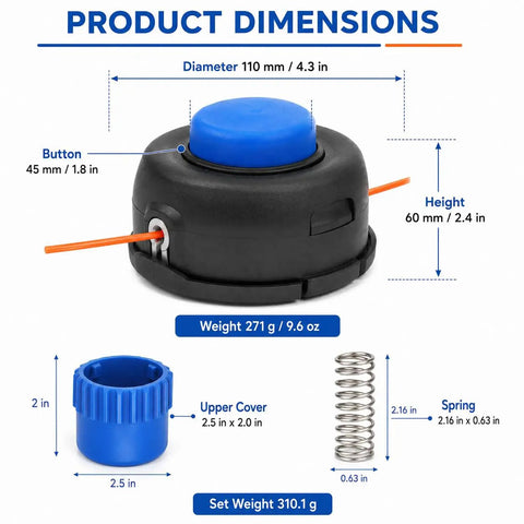 Pro T25 Tap Feed Trimmer Head Repair Kit With Blue Bump Knob And Spring For Husqvarna 325RJX, 110 mm diameter