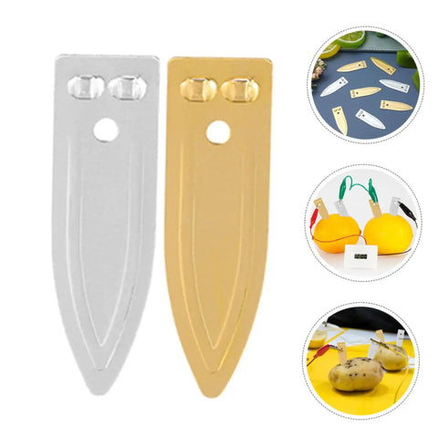 Hands On Fruit Battery Science Kit With Nickel Strips And Electromagnet Parts showing copper and zinc strips with fruit battery setup