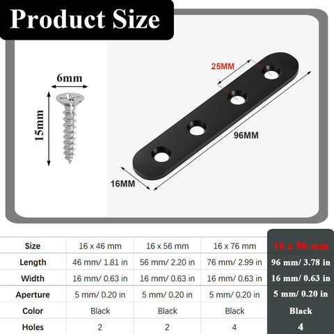 Tough As Nails Stainless SteelFlat Brackets 24 Pack, Heavy Duty Straight Connector Supports For Wood Panels, Rust Proof Corner Braces With Countersunk Holes, Great For Tables Beds Fences In Matte Black