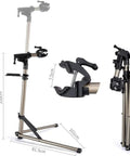 Adjustable Bike Work Stand With 360 Degree Rotatable Clamp And Height Adjustable Frame fully extended and folded view.