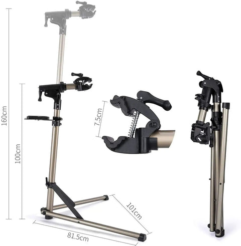 Adjustable Bike Work Stand With 360 Degree Rotatable Clamp And Height Adjustable Frame fully extended and folded view.
