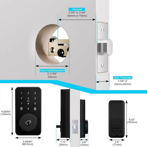 Diagram of Keyless Entry Door Lock With Keypad Digital Code Deadbolt Auto Lock No WiFi Or App Needed, showing measurements.