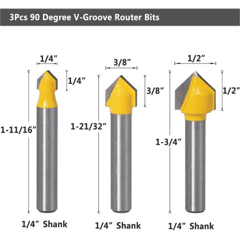 Six-Piece One Quarter Inch Shank Pro Grade Carbide Router Bit Set With Ninety Degree V-Groove And Round Nose Bits For CNC.