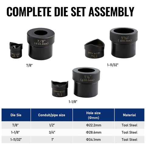 Complete die set for Heavy Duty Stud Punch Set For Sheet Metal 7/8, 1-1/8, and 1-11/32 inch holes, includes tool steel material details.