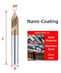 Side view: carbide spot drill bit, 12x100 mm, nano-coated, 60° CNC chamfer; for steel, stainless steel, cast iron