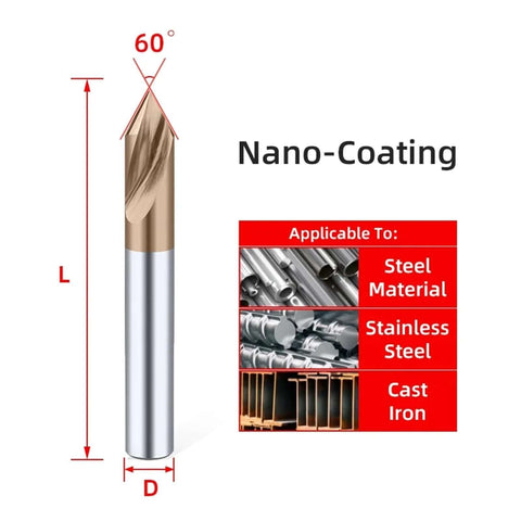 Side view: carbide spot drill bit, 12x100 mm, nano-coated, 60° CNC chamfer; for steel, stainless steel, cast iron