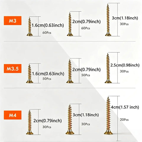 Flat Head Wood Screws Set Assortment 360 Pieces With Phillips Driver Bit Self Tapping Screws For Wood And Metal Zinc Plated Countersunk Full Thread Easy To Install Durable Bit Included Ideal For DIY Home Projects. M3 M3.5 M4 sizes