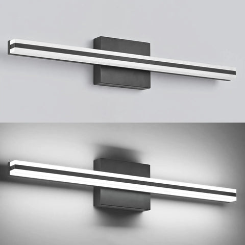 24 Inch Dimmable Black LED Vanity Light For Bathroom Over The Mirror, dual angle view showing black finish and LED glow.