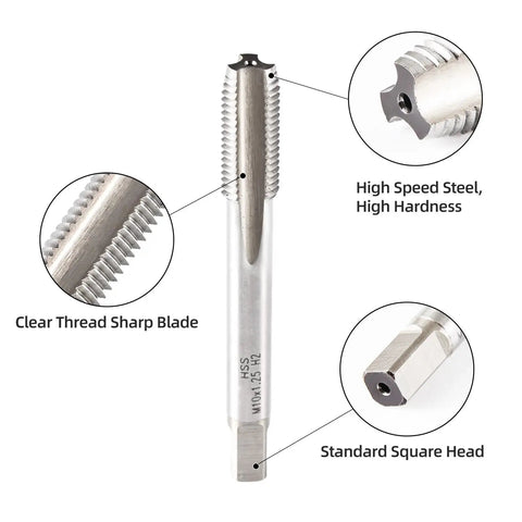 Pro Grade M10 X 1.25 Tap with clear thread sharp blade, high speed steel HSS6542, durable square head for metalworking