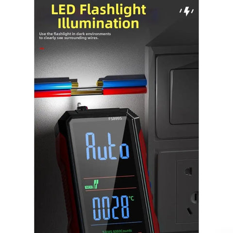 Workhorse Digital Multimeter With USB Rechargeable Auto Ranging showing LED flashlight illumination on wires.
