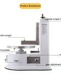 Smooth Operator Automatic Cake Cream Smoothing Machine With Button Press Controls And Custom Thickness Adjustments For Show Stopping Frosting Finishes Lightweight Pink Tool labeled with features including scraper and turntable.