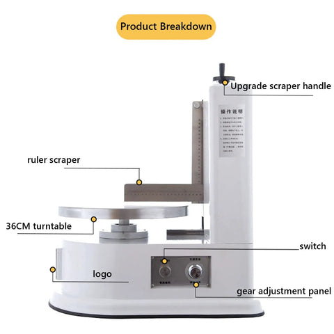 Smooth Operator Automatic Cake Cream Smoothing Machine With Button Press Controls And Custom Thickness Adjustments For Show Stopping Frosting Finishes Lightweight Pink Tool labeled with features including scraper and turntable.