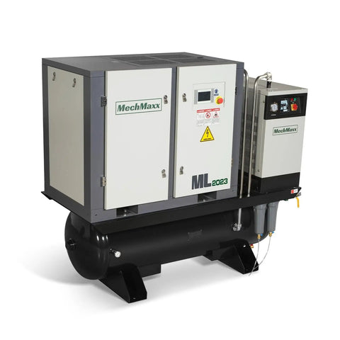 Beefy 20HP Rotary Screw Air Compressor With Dryer And 105 Gallon ASME Tank, 78 CFM At 116 PSI, 230V 3-Phase shown side view