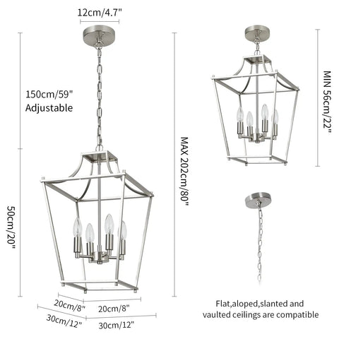 4 Light Lantern Pendant In Brushed Nickel E12 Base Chandelier For Dining Room Kitchen And Foyer, 12 Inch Adjustable Height