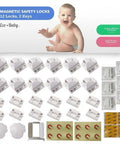 Magnetic Cabinet Locks For Babies 12 Pack With 2 Keys, adhesive tapes, latches, and installation cradle displayed.