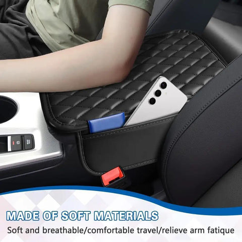Pro Grade Diamond Quilted Armrest Pad For Tesla Cybertruck 2024 Through 2026 on console with phone, showcasing soft memory foam.