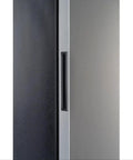 Close-up of Six Point Five Cubic Foot Garage Ready Convertible Refrigerator Freezer with black and silver finish.